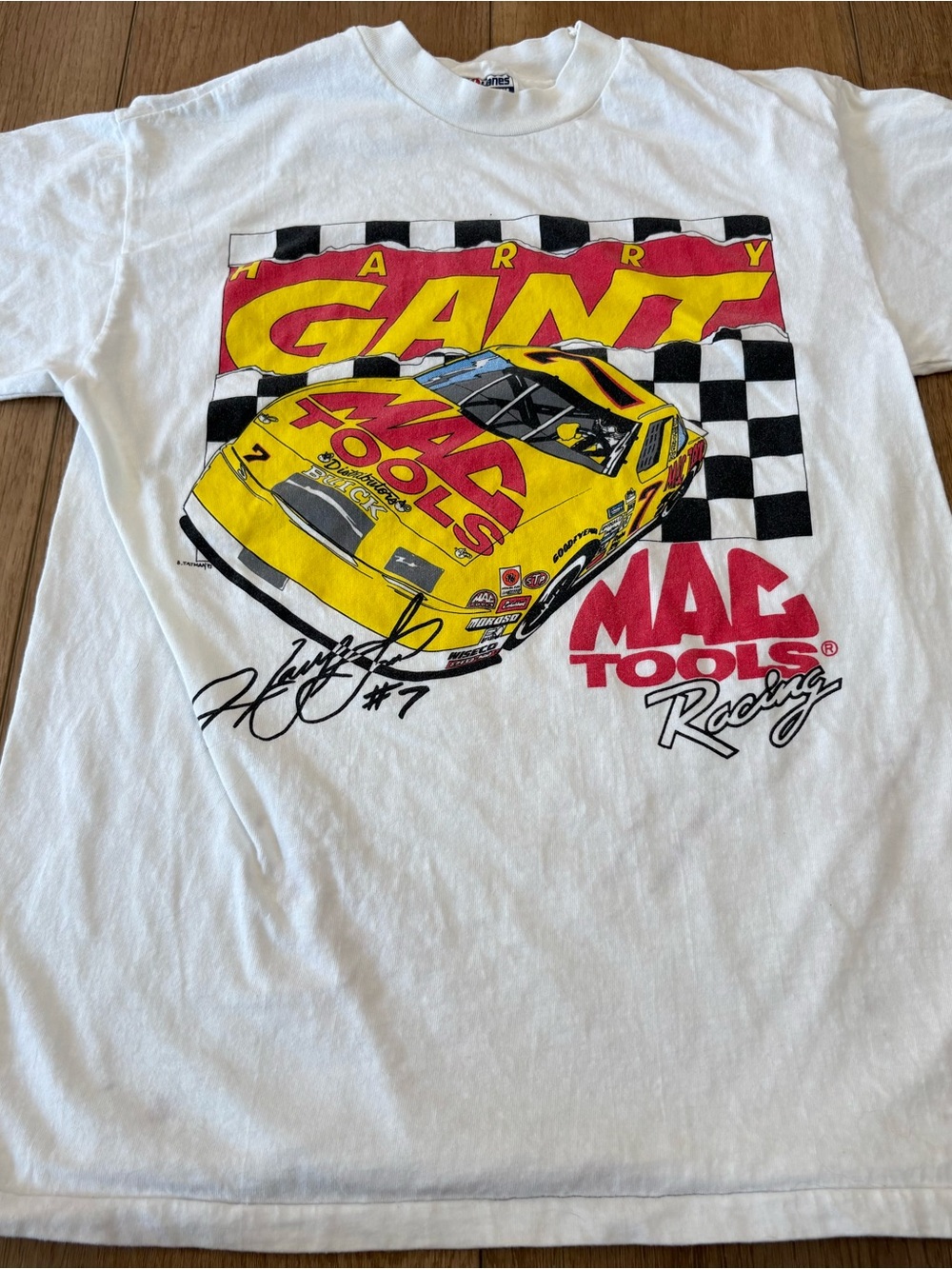 Hanes White Short Sleeve Tee with Yellow Mac Tools Racing Car Graphic